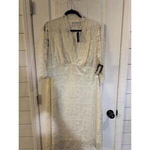 NWT Kiyonna Bridal Womens Bella White Lace V-Neck 3/4 Sleeve Midi Dress PLUS 1X